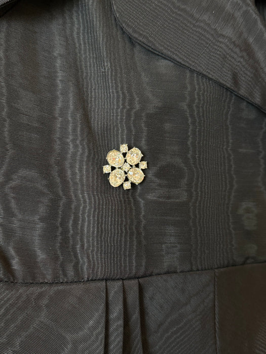 Elegant Early 1950's New Look Black Moire Cocktail Dress With Rhinestone Buttons / SM