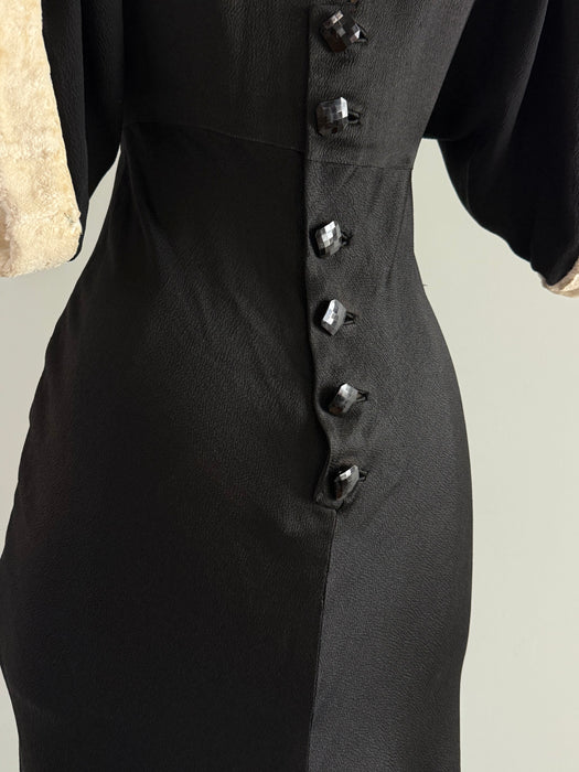 Exquisite 1930's Black Satin Crepe Bias Cut Evening Gown With Glass Buttons / SM