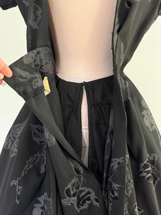 Documented 1950's Estevez Black Silk Faille Evening Dress With Roses / S