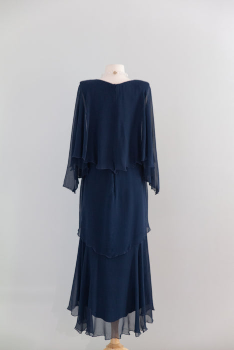 Rare Vintage Holly’s Harp Navy Silk Chiffon Tiered Gown / M
