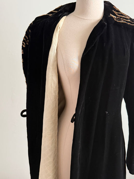 Old Hollywood Glamorous 1930's Black Velvet Evening Coat With Gold Sequin Embroidery / SM