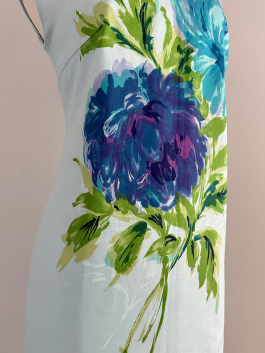 Chic 1960's Cotton Shift Dress With Painterly Floral Print / M