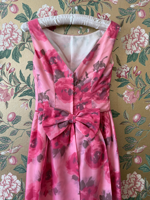 Vintage Audrey Early 1960's Floral Chiffon Pink Party Dress With Bow Back / XXS