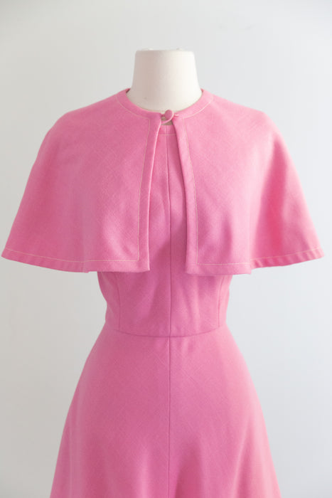 Fabulous Late 1960's Mollie Parnis Boutique Pink 2pc. Capelet Dress / SM