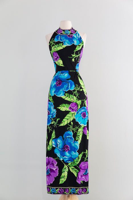 Divine 1970's Mr Dino Halter Neck Deep Tropical Floral Print Maxi Dress / SM
