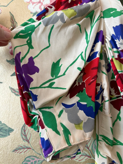Gorgeous 1930's Floral Print Silk Bias Cut Garden Party Gown / SM