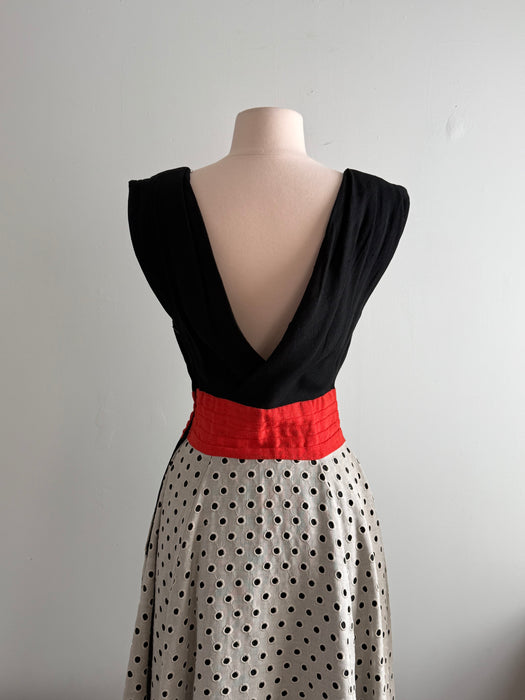 Fabulous Early 1950's Claudia Young Polka Dot Linen Dress With Pockets / S