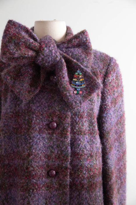 Dreamy 1970’s Wool Boucle Bow-Neck Longline Coat / ML