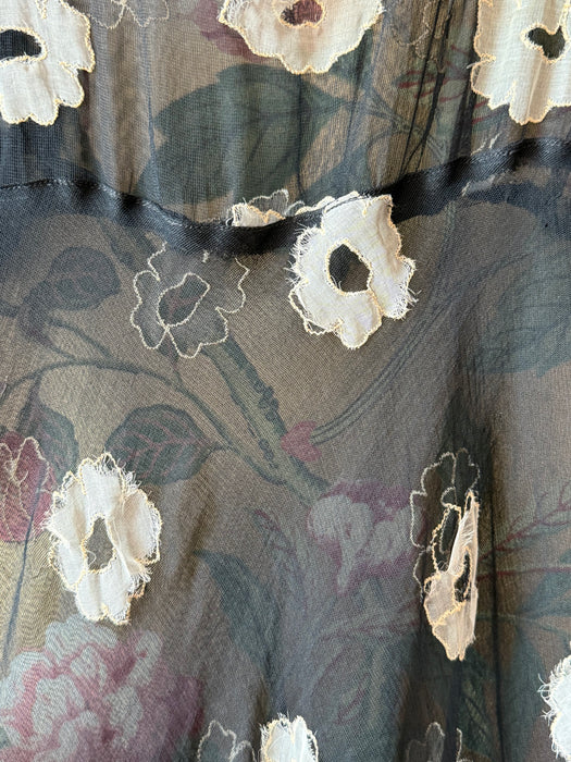 Ethereal 1930's Embroidered Sheer Black Silk Net Bias Cut Gown / S