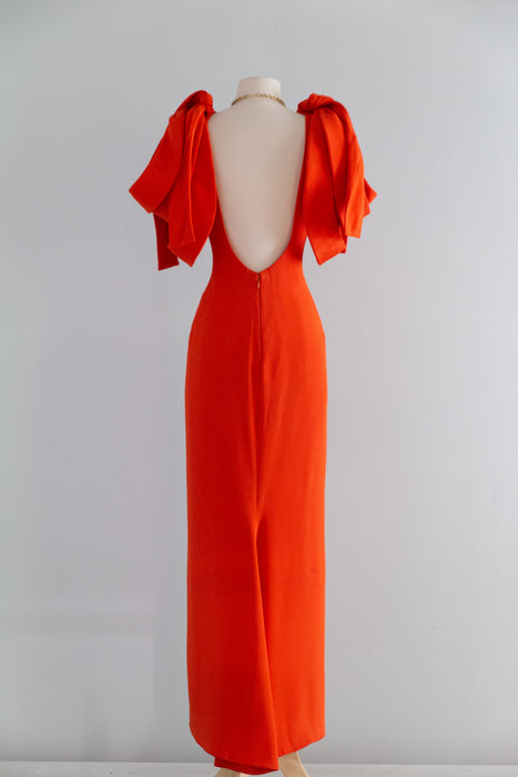 Stunning 1980’s Vermillion Silk Crepe Couture Evening Gown By Jacqueline de Ribes / S