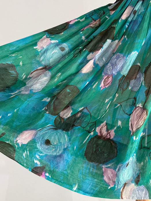 Dreamy Early 60's Teal Blue Impressionist Rose Print Cotton Sundress / S