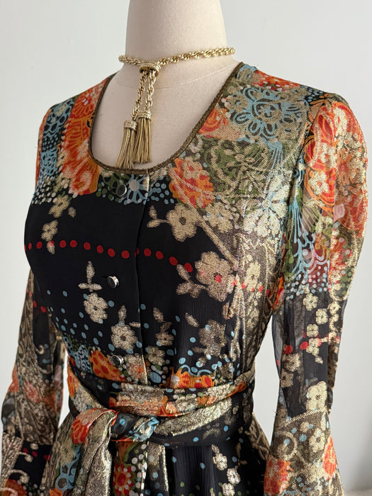 Fabulous 1970's Pauline Trigere Autumnal Night Garden Silk Lame' Evening Gown / S