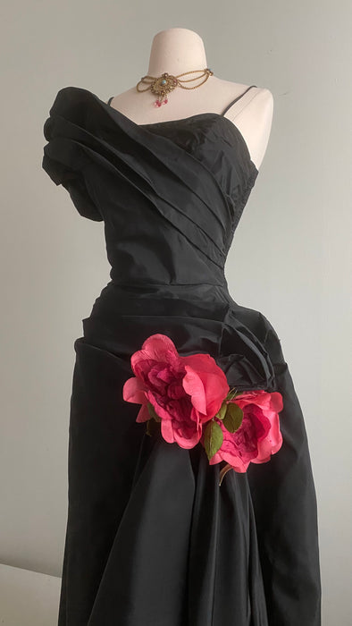 Spectacular 1950's 'La Vie En Rose' Black Taffeta Evening Gown / Medium