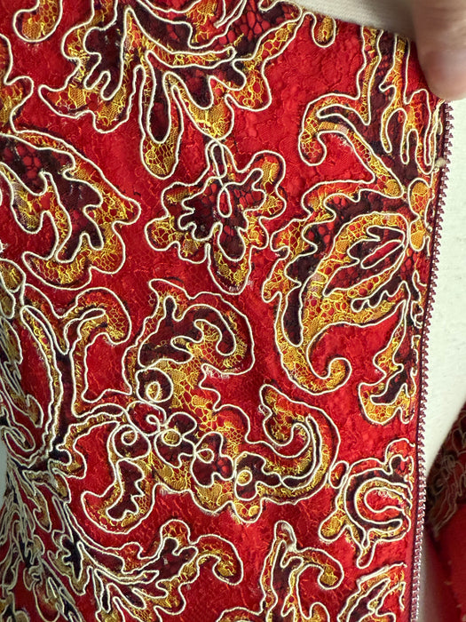 Glamorous Late 1950's Christian Dior Originals Scarlet Demi Couture Corded Lace Cocktail Dress & Matching Jacket / SM