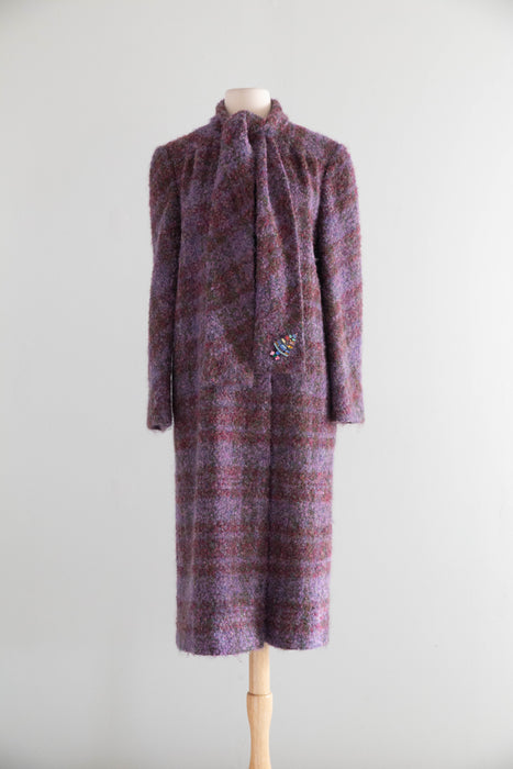 Dreamy 1970’s Wool Boucle Bow-Neck Longline Coat / ML