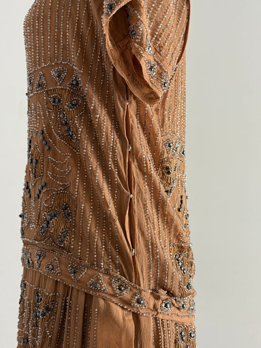 Rare Autumnal 1920's Beaded Silk Flapper Dress / SM