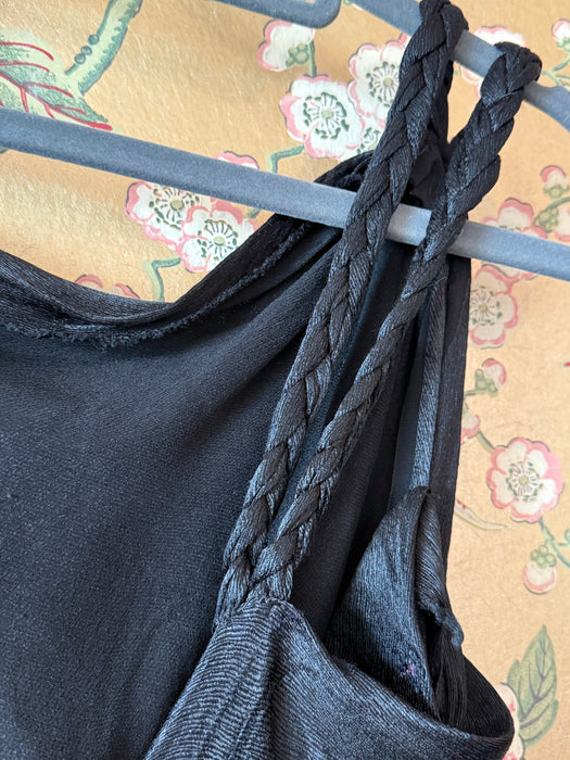 Rare 1930's Femme Fatale Liquid Black Satin Crepe Evening Gown With Crimson Sash / S