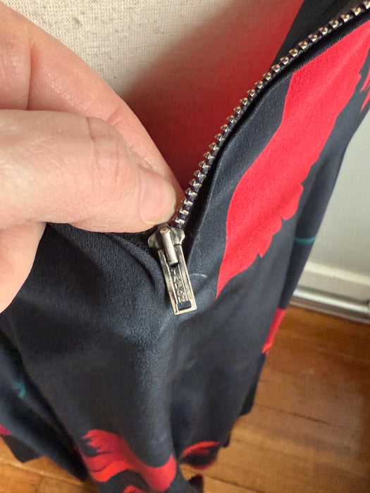 Divine Early 1940's Black Silk Rose Print Evening Gown With Matching Shawl / M