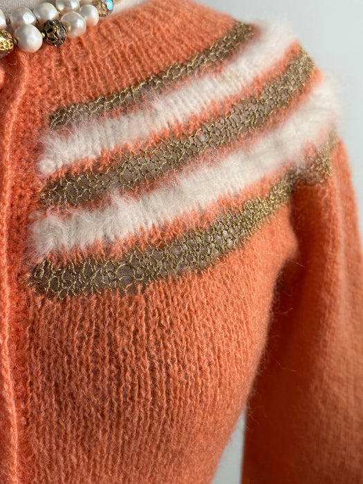 Charming 1950s Hand-Knit Angora and Lurex Twin Set In Pumpkin Spice / M