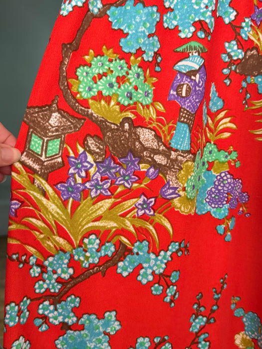 Fabulous 1970's Electric Red Maxi Dress With Asian Inspired Floral Print / SM