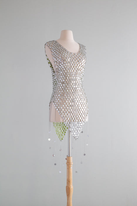 RARE Late 1960's Paco Rabanne Gold Chainmail Mini Dress And Headpiece / SM