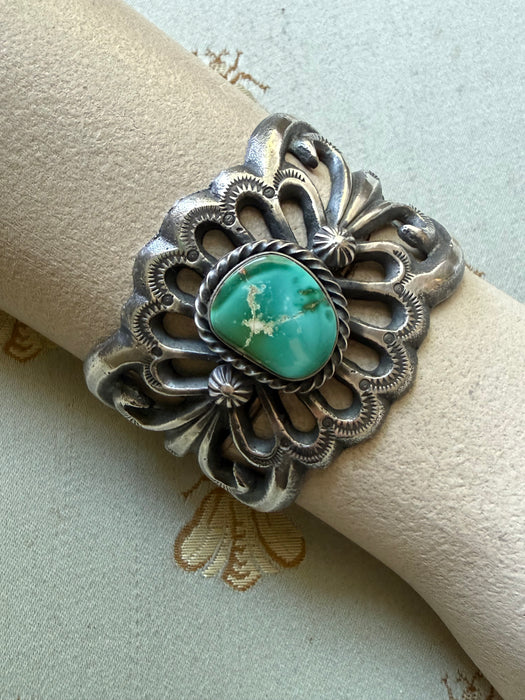 Iconic R.S. Mitchell Navajo Sterling Statement Cuff With Green Turquoise Stone