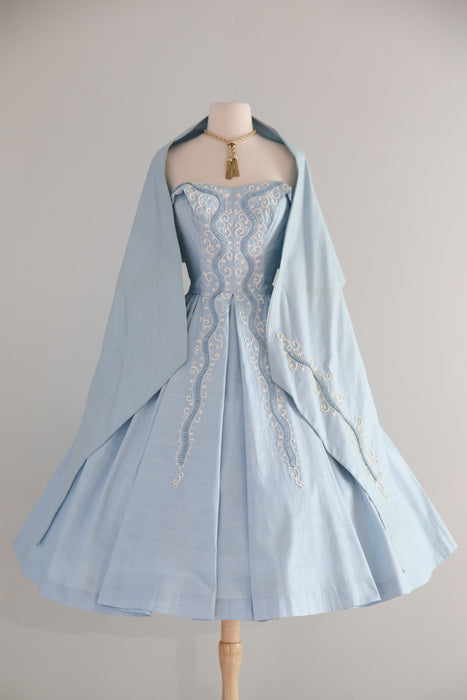 Stunning 1950s Carlye Ice-Blue Embroidered Party Dress with Shawl / S