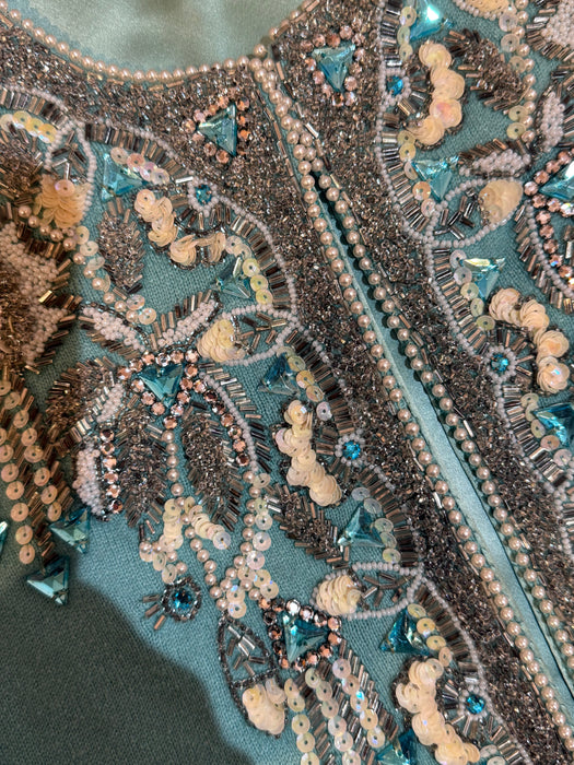 Extraordinary 1960's Hand Beaded Tiffany Blue Cashmere Cardigan / M