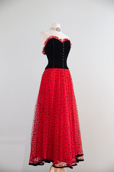 Fabulous Early 80's Caroline Charles London Black Velvet &  Polka Dot Tulle Gown / SM