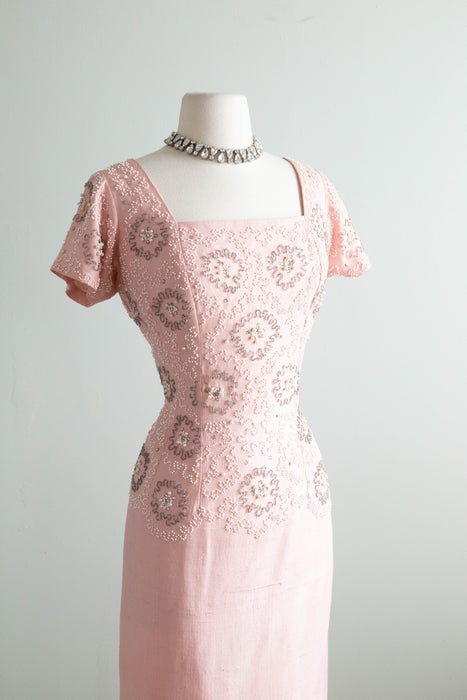 Stunning 1950’s Frank Starr Beaded Peony Pink Silk Cocktail Dress / ML