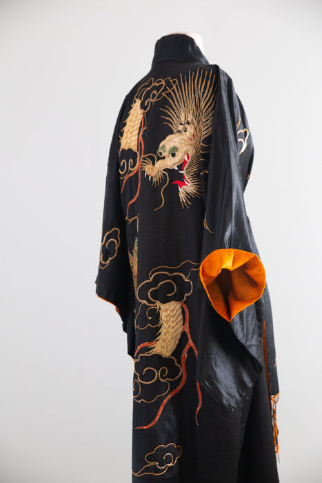 Fabulous Early 20th Century Japanese Export Silk Kimono Robe with Couched Gold Dragons / OS