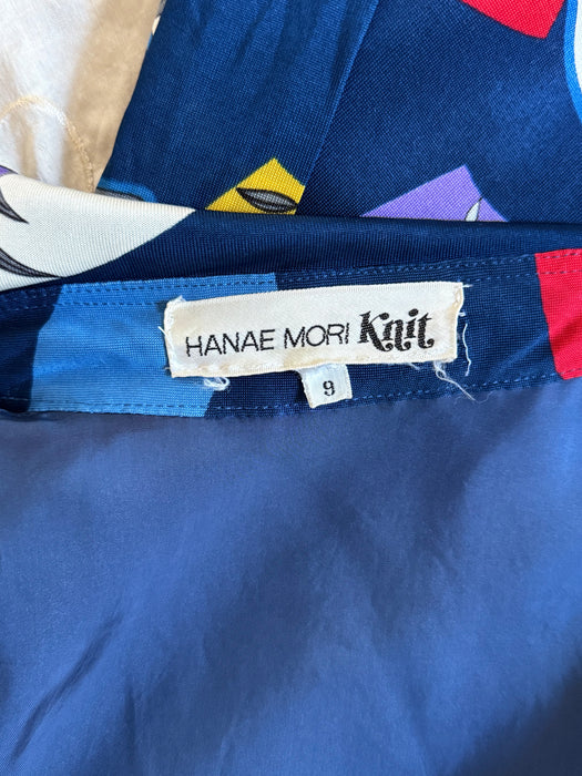 Chic 1970's Hanae Mori Fan Print Jersey Day Dress / XS