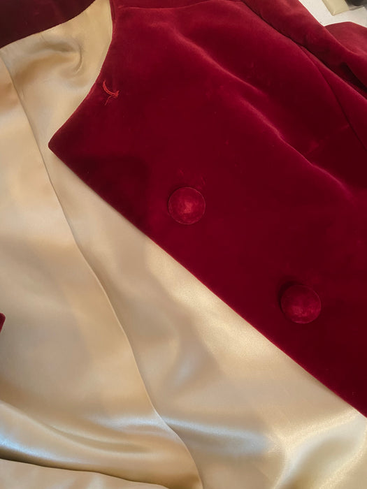 Stunning 1960's Crimson Red Velvet Evening Coat With Ivory Satin Lining / Small