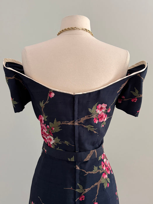 Rare 1950's Howard Greer Silk Cherry Blossom Cocktail Dress / SM