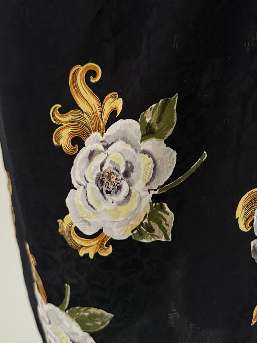 Glamorous 1980's Gilt Rose Print Strapless Silk Cocktail Dress / Small