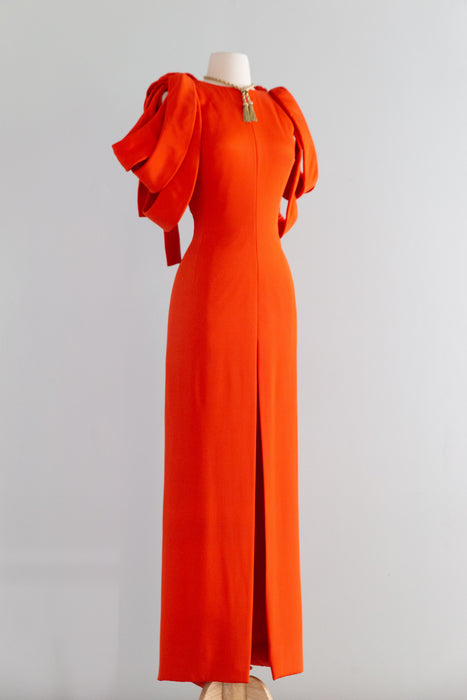 Stunning 1980’s Vermillion Silk Crepe Couture Evening Gown By Jacqueline de Ribes / S