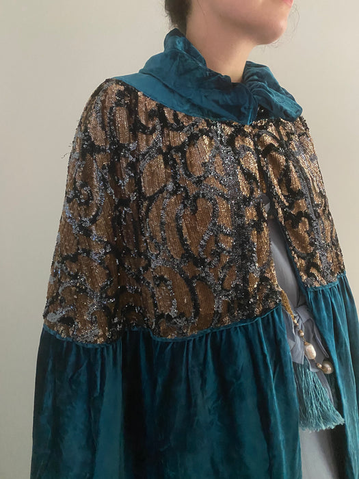 Exquisite 1920's Cerulean Blue Velvet Embroidered Evening Cocoon Cape / OSFM