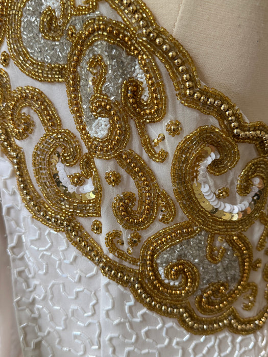 Stunning Vintage White & Gold Fully Beaded Silk Evening Gown / S