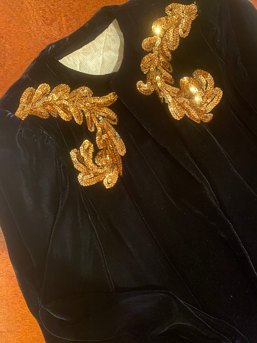 Stunning 1940's Schiaparelli Inspired Velvet Opera Coat With Gold Sequins / Medium