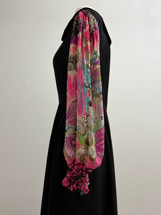 Fabulous 1940's Black Rayon Dress With Marvelous Mariachi Print Sleeves / SM