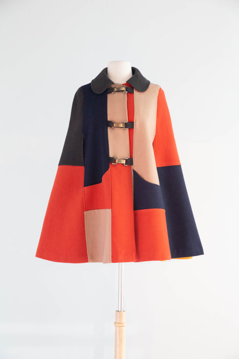 Fabulous 1960’s Autumnal Wool Color Block Cape / OS