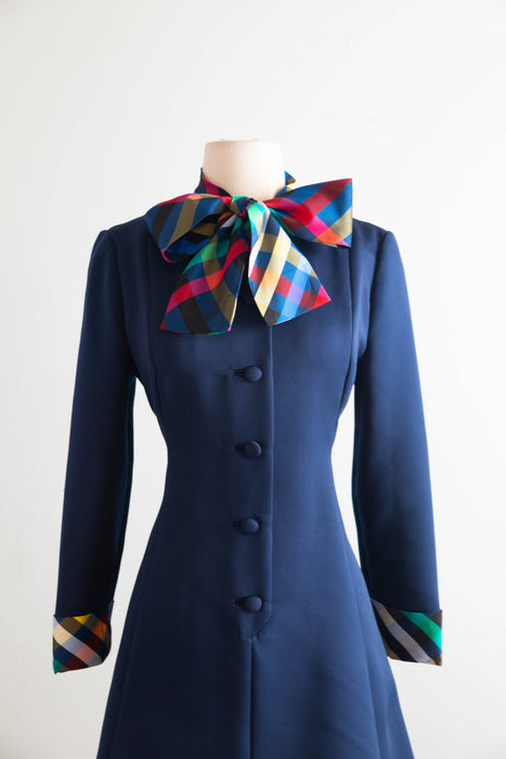 Fantastic 1960's Rizkallah for Malcolm Starr Navy Dress With Rainbow Bow & Cuffs / ML