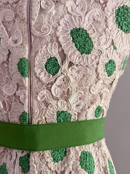 Fabulous 1960's Bob Bugnand Ivory Soutache Lace With Green Polka Dots & Bow / SM