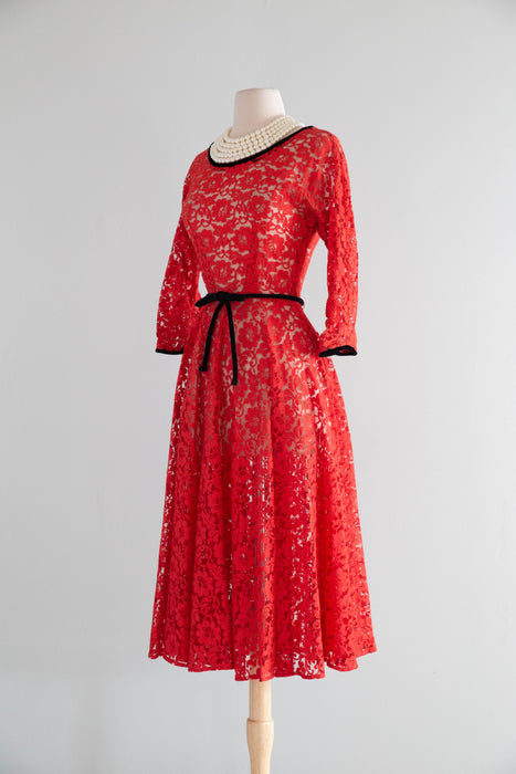 Stunning 1950’s Scarlet Lace Full Skirt Cocktail Dress / SM