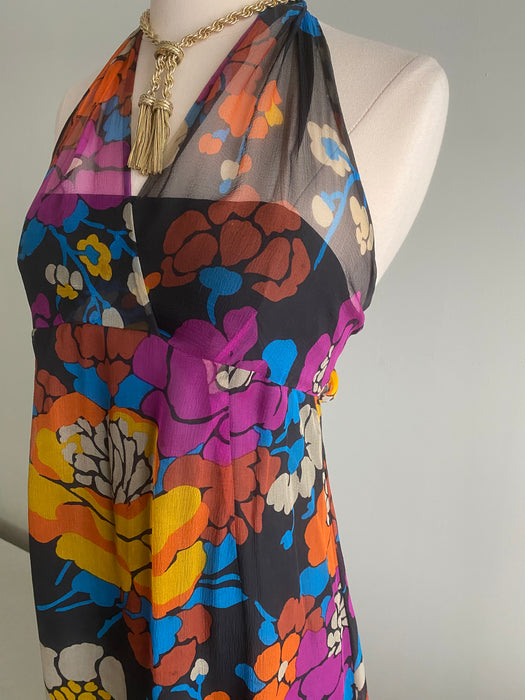 Rare 1970's Givenchy Silk Chiffon Floral Halter Dress Made in France / XS