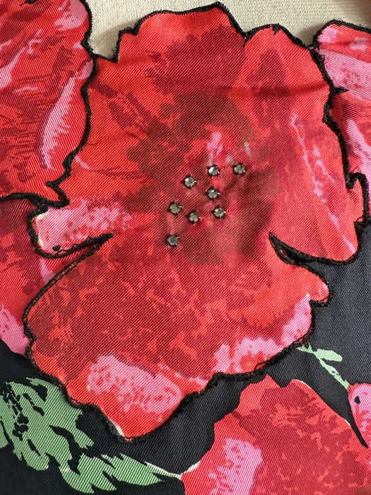 Stunning 1950's Philip Hulitar Poppy Print Cocktail Dress With Floral Appliques / SM