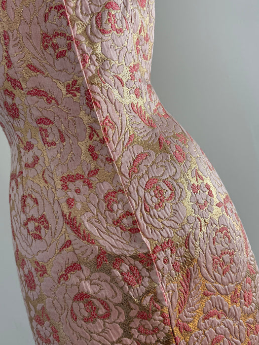 Glamorous 1960's Pink & Gold Brocade Evening Gown By Mr. Blackwell / SM