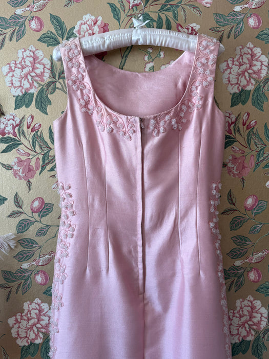 Stunning 1965 Pierre Balmain Peony Pink Shantung Silk Beaded Evening Gown / SM