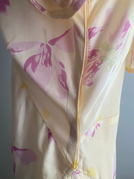 Dreamy 1930's Pale Yellow Floral Print Bias Cut Garden Party Gown / Medium