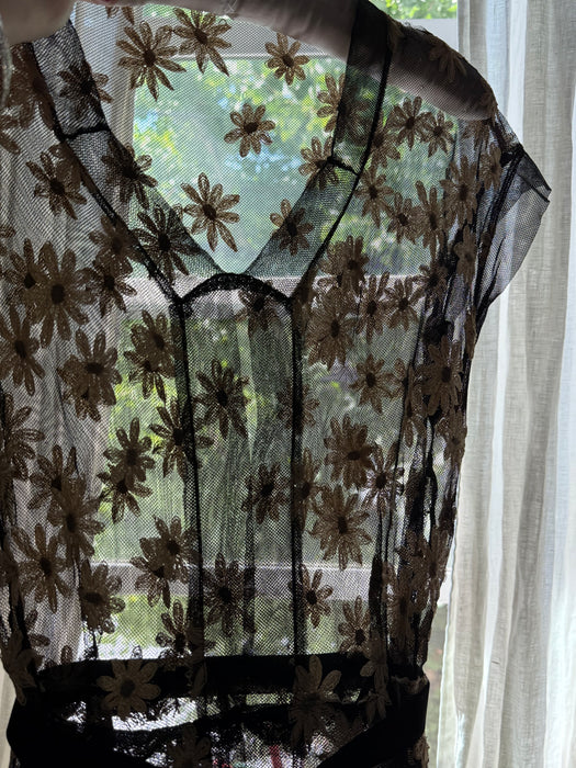 Divine 1930's Daisy Embroidered Black English Net Sheer Evening Dress / M